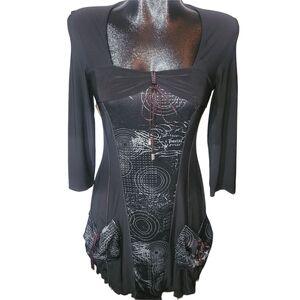 Bali Black and Grey Patterned Whimsgoth Square Neckline Tunic Mini Dress Size 6